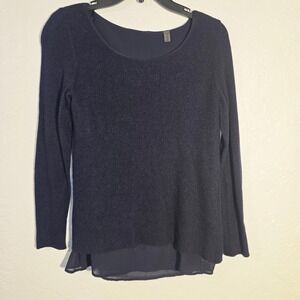 ESPRIT Womens S Navy Blue Ribbed Knit Chiffon Hem Layered wool Blend Sweater Top